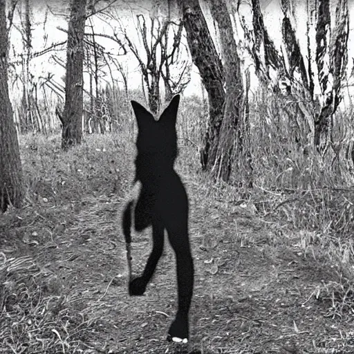 Image similar to black and white trailcam footage of native weird distorted human body Skinwalker transforming into a coyote