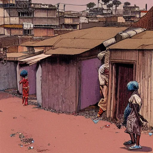 Image similar to slums in south africa, drawing by moebius