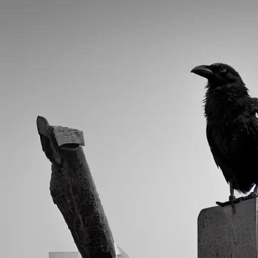 Image similar to a black and white highly detailed and realistic statue of a crow, museum lighting, award winning, masterpiece, nature photography, national geographic, construction site, black and white, high contrast, grainy