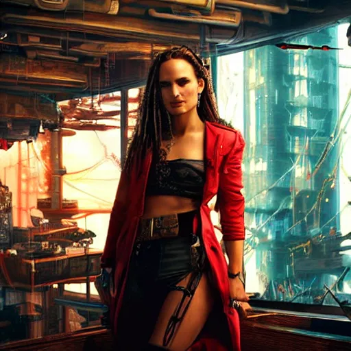 Image similar to a high quality portrait of natalie portman as a pirate in a cyberpunk cyberpunk cyberpunk cafe, realism, 8k, award winning photo