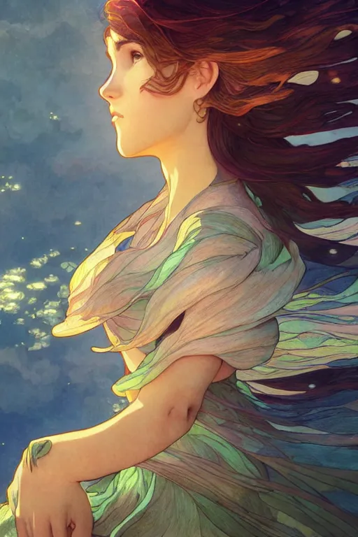 Image similar to a beautiful render of a beautiful female air sprite, wind, a beautiful face, perfectly shaded, atmospheric lighting, style of makoto shinkai, raphael lacoste, louis comfort tiffany, artgerm, karol bak, james jean, alphonse maria mucha