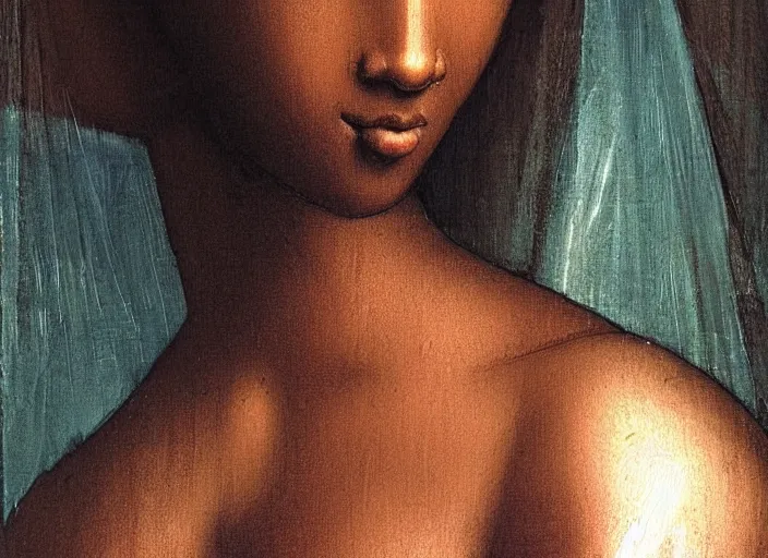 Image similar to a painting of a beautiful African woman by Leonardo da Vinci . dramatic angle, ethereal lights, details, smooth, sharp focus, illustration, realistic, cinematic, artstation, award winning, rgb , unreal engine, octane render, cinematic light, macro, depth of field, blur, red light and clouds from the back, highly detailed epic cinematic concept art CG render made in Maya, Blender and Photoshop, octane render, excellent composition, dynamic dramatic cinematic lighting, aesthetic, very inspirational, arthouse.