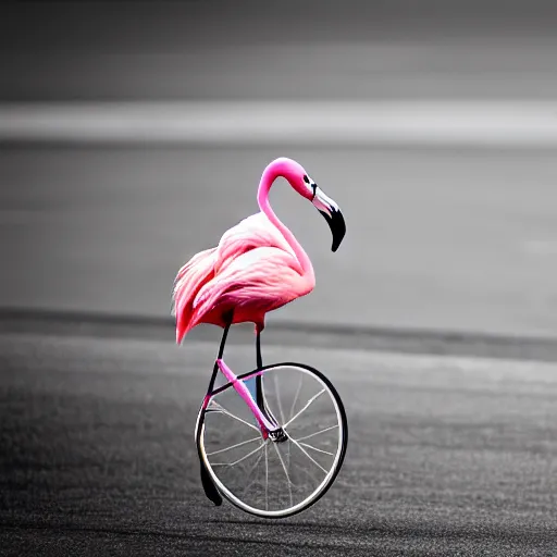 Image similar to flamingo riding a bicycle in New York City realistic photo, 50mm lens