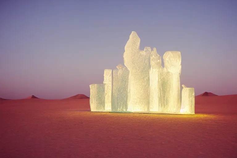 Image similar to cinestill of a huge backlit ice sculpture in the sahara desert