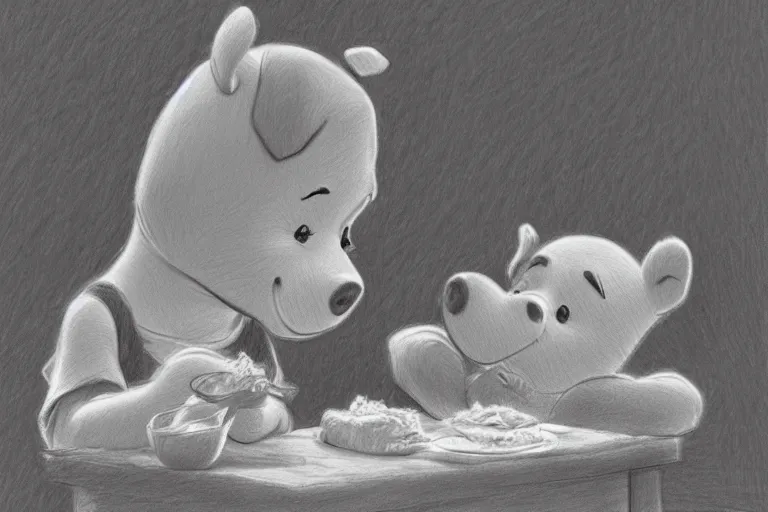 Image similar to winnie the pooh and piglet eating a bacon sandwich, pencil sketch, high detail, hyper realistic,