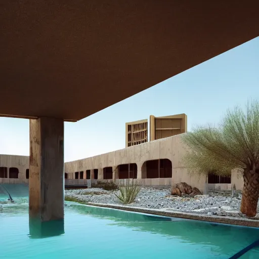 Prompt: brutalism hotel in the desert, biophilia mood, pool, garden, highly detailed, cinematic, photorealistic,