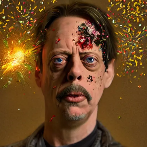 Image similar to hyperrealistic mixed media high resolution painting of a Steve Buscemi exploding into confetti, stunning 3d render inspired art by István Sándorfi and Greg Rutkowski and Unreal Engine, perfect symmetry, dim volumetric lighting, 8k octane beautifully detailed render, post-processing, extremely hyper-detailed, intricate, epic composition, highly detailed attributes, highly detailed atmosphere, cinematic lighting, masterpiece, trending on artstation, very very detailed, masterpiece, stunning, flawless structure, lifelike texture, perfection,