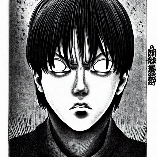 Image similar to a portrait of a 2 4 years old man made by junji ito, detailed