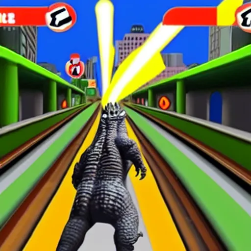 Prompt: small Godzilla running in Subway surfer, in-game shot, coherent like Dall-E 2