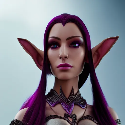 Image similar to portrait of a beautiful female high elf with tan skin, magenta eyes, dark hair. 3 d octane render trending on art station 8 k