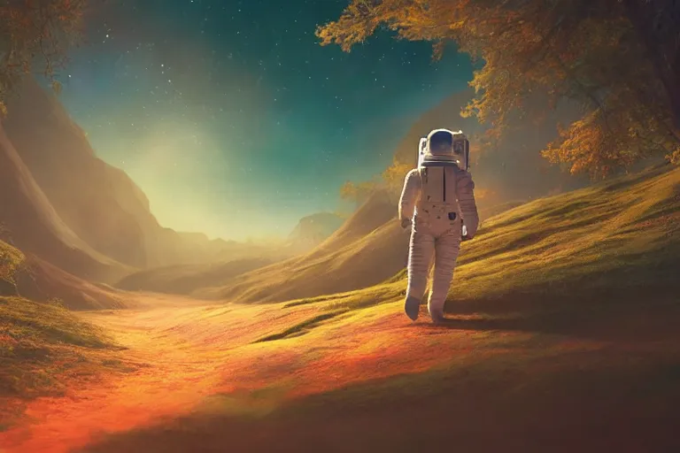 Image similar to Astronaut walking on a landscape of a beautiful enchanted fantasy world. Colorful. Cinematic lighting. Photorealism.