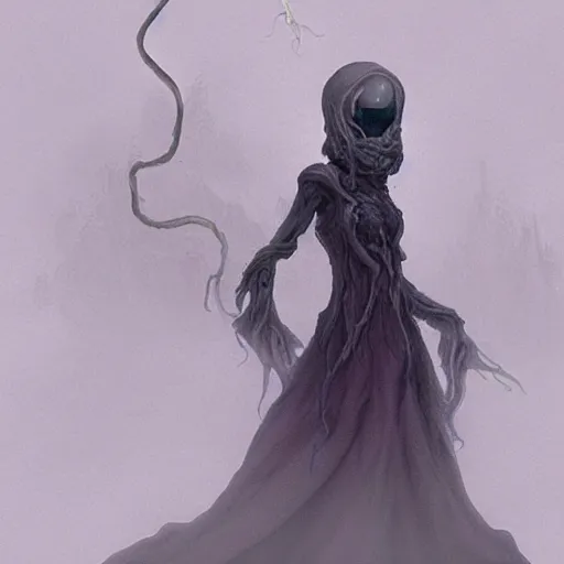 Image similar to concept designs for an ethereal ghostly wraith like figure with a squid like parasite latched onto its head and long tentacle arms that flow lazily but gracefully at its sides like a cloak while it floats around a frozen rocky tundra in the snow searching for lost souls and that hides amongst the shadows in the trees, this character has hydrokinesis and electrokinesis for the resident evil village video game franchise with inspiration from the franchise Bloodborne as a muppet from sesame street, photo realistic, photography, sesame street, bloodborne, resident evil