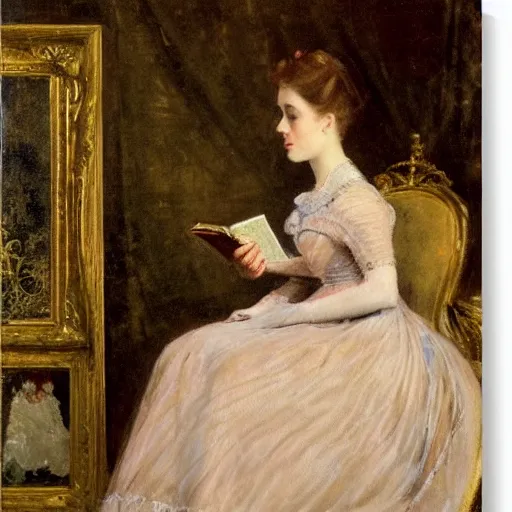 Image similar to young victorian lady in ball gown reading a book, painted by alfred stevens