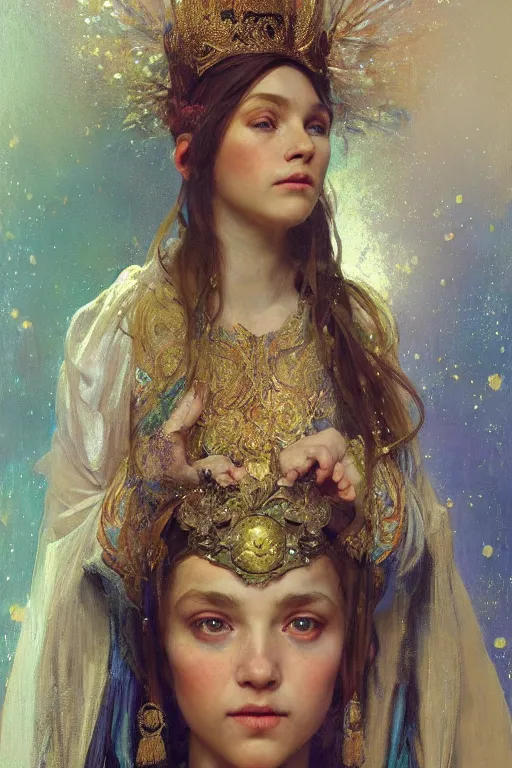 Prompt: hyperrealist portrait of a girl emperorit is decorated with long robes that fall like stars. by jeremy mann and alphonse mucha, fantasy art, photo realistic, dynamic lighting, artstation, poster, volumetric lighting, very detailed faces, 4 k, award winning