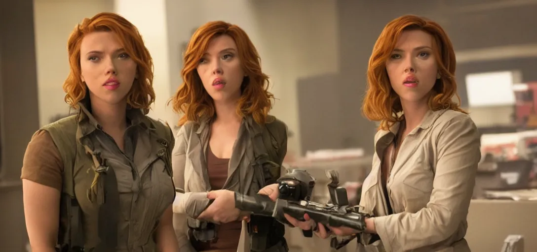 Image similar to scarlett johansson playing reporter april o'neil in the remake of teenage mutant ninja turtles, movie still, 8 k, # nostalgia