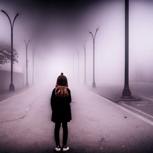 Prompt: girl in a creepy foggy town