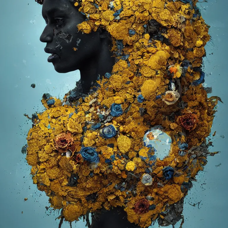 Image similar to A beautiful oil painting hyperrealism of a decayed black head, rotting black clay skin, gold flaked flowers, floral headdress, 8k resolution, octane render, Trending on artstation, by Gediminas Pranckevicius, volumetric light 2blue fractal Thunder glow by dan mumford, anaglyph effect, Laurie Lipton