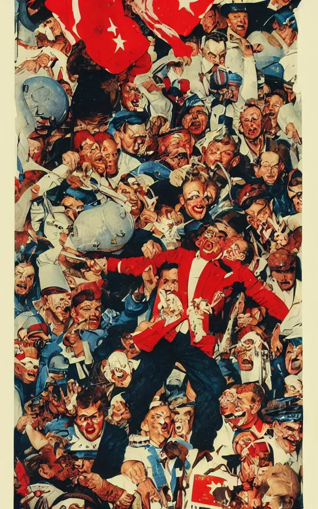 Prompt: clown fight, in the style of norman rockwell, cold war, propaganda poster, sci - fi illustrations, highly detailed, award - winning, patriotic, soviet, ussr, dark, gritty, ink