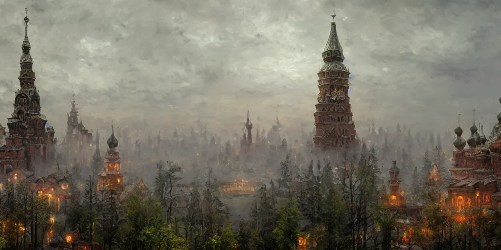 Image similar to beautiful magical ancient Slavic city of Kitezh in mist, magical glow, magic mist, strange buildings, oil painting, painting by Viktor Vasnetsov, concept art, fantasy cityscape, ancient Russian architecture, painting by Ivan Shishkin, hyperborea, high resolution, trending on artstation, hyperrealism