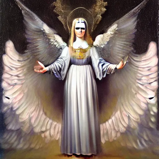 Image similar to highdetailed hyperrealistic painting of white angel!!! no gender smiling noface!!!, light instead of hands, white sparkles everywhere, 4 k hd face!!!, big silver high detailed wings!!!, renaissance, by jan van eyck, holography space, glow effect, large strokes, monochrome!!!!!