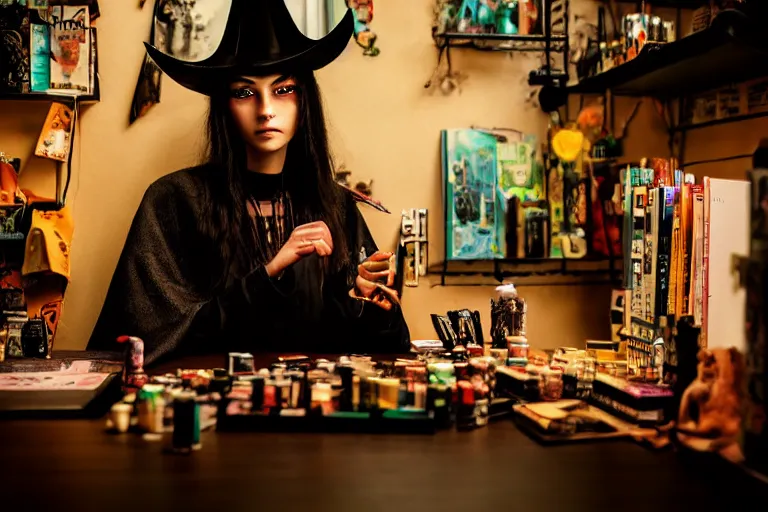 Image similar to close up photo, dramatic lighting, concentration, calm confident cyberpunk teen witch and her cat, tarot cards displayed on the table in front of her, sage smoke, magic wand, a witch hat and cape, apothecary shelves in the background, by yoji shinkawa neon