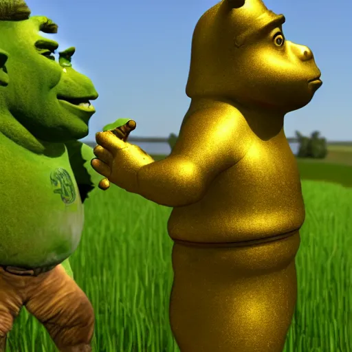 Prompt: !dream drunk russians find a golden Shrek statue in a field, 4k, 8k high detailed