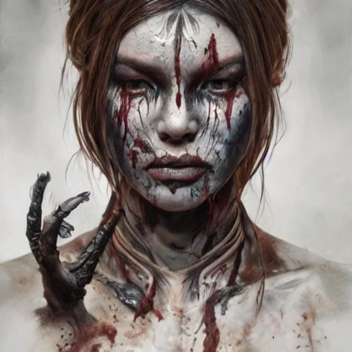 Image similar to portrait painting of a muscular bloodied dark nepali female butcher back, tattooed, scars, ultra realistic, concept art, intricate details, eerie, highly detailed, photorealistic, octane render, 8 k, unreal engine. art by artgerm and greg rutkowski and alphonse mucha