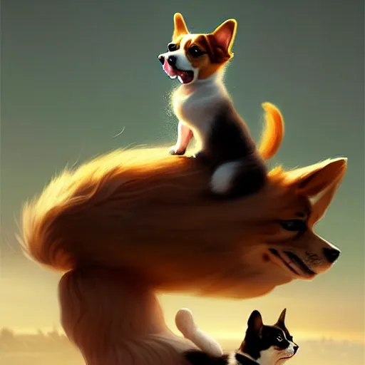 Image similar to tiny cat girl riding on the back of a giant corgi by greg rutkowski