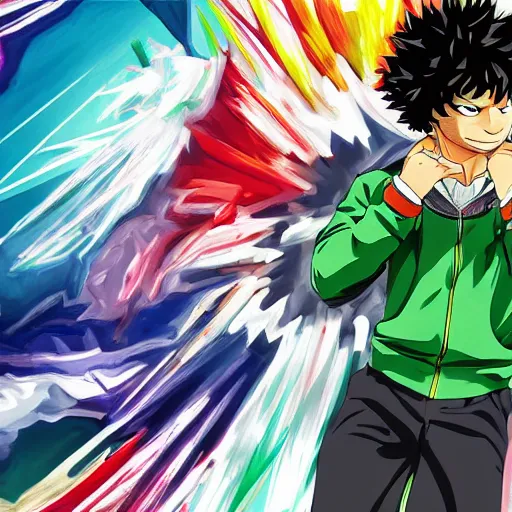 Image similar to full body elegant portrait of izuku midoriya, gta art, gta cover art, anime, abstract art