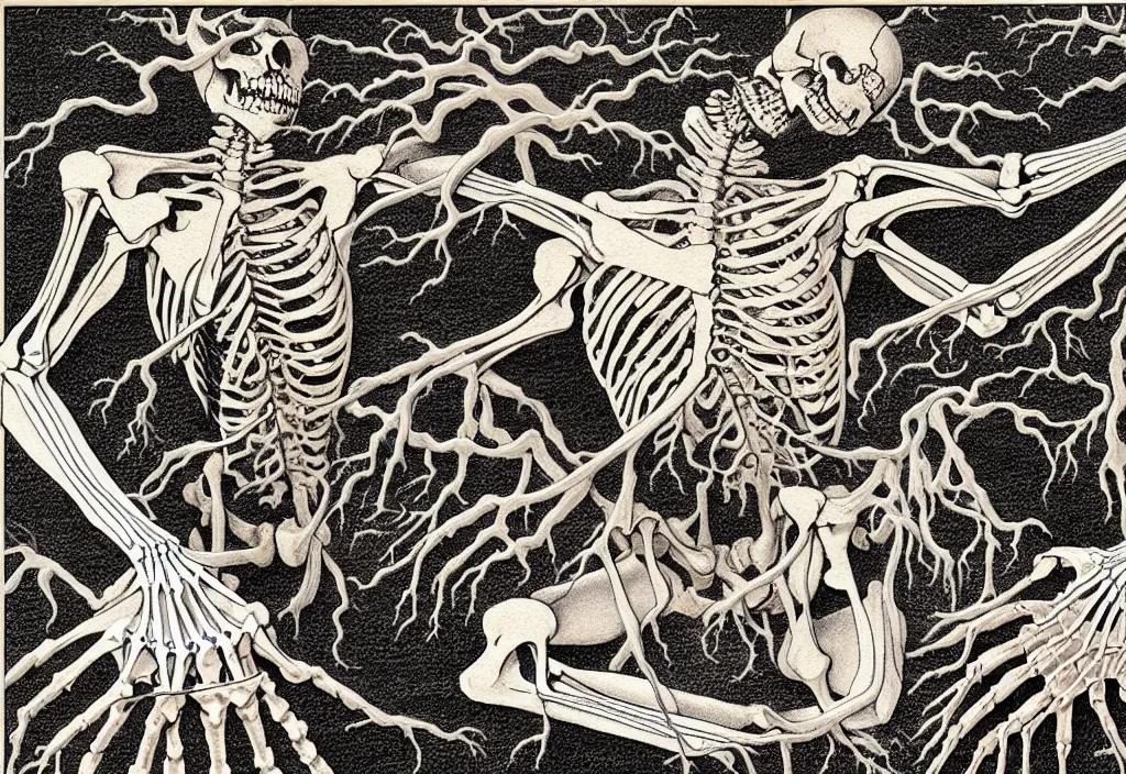 Image similar to prompt: anatomy dissection drawing skeleton and veins and organs Bonsai tree drawn by Takato Yamamoto, bonsai skeleton anatomy atlas, veins and organs attached to tree roots, alchemical objects inspired by 1980's sci-ci, old experimentation cabinet, intricate oil painting detail, manga 1980