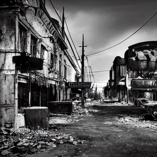 Image similar to black and white, old polaroid of dilapidated fallout 5 europa, temperate european hamlet, desolate, dilapidated neon signs, few rusted retro futuristic vintage parked vehicles, volumetric lighting, photorealistic!!!, daytime, autumn, gloomy weather, ultra detailed!!!