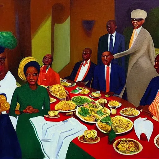 Image similar to president muhammadu buhari sitted at a lavish banquet with a large bastion of chicken in the style of edward hooper and henri matisse yinka shonibare oil painting