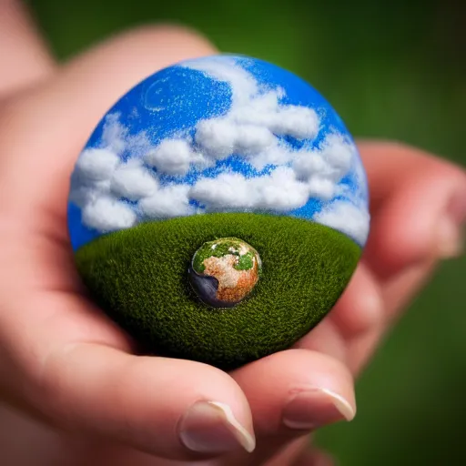 Prompt: Holding miniature Earth in Hands, with alot of small fluffy clouds floating around miniature earth, small boats on the miniature Earth, 40nm lens, wide angle, shallow depth of field, 4k,