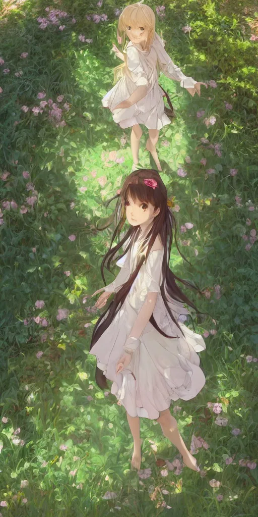 Prompt: a digital art full of atmosphere of a loli with long hair in a dress in the privet garden at after noon, green and warm theme, low angle, back lighting, highly detailed, 4 k resolution, trending on art station, by krenz cushart and mucha and akihito yoshida and greg rutkowski and makoto shinkai