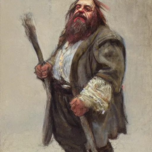 Prompt: Solomon Joseph Solomon and Richard Schmid and Jeremy Lipking victorian genre painting portrait painting of a old rugged actor dwarf warrior from the hobbit , red background