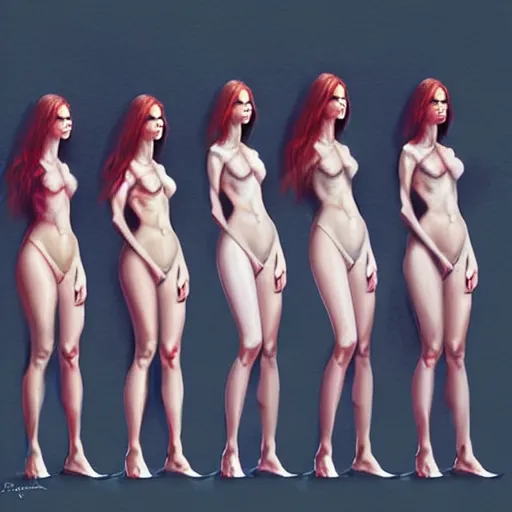 Image similar to “ a row of identical pretty women, photorealistic, in the style of greg rutkowski, digital painting, high quality ”