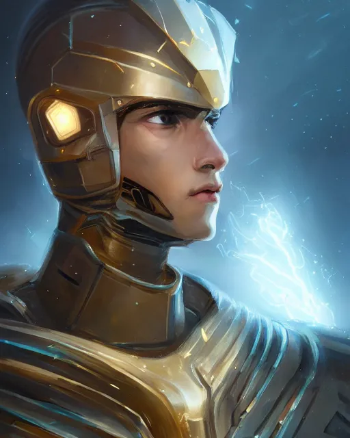 Image similar to portrait of handsome guy in cyber armor, dreamy and ethereal, expressive pose, gold eyes, exciting expression, fantasy, intricate, elegant, many lightning, cold color, highly detailed, digital painting, artstation, concept art, cyberpunk wearing, smooth, sharp focus, led, illustration.