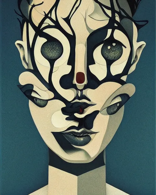 Prompt: opposed asymmetrical faces by eugene jansson and ilya kuvshinov and mc escher and mainie jellett, surreal, abstract!!!, asymmetry, perspective, negative space, masterpiece