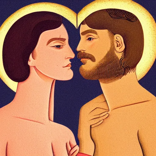 Prompt: perfectly centered symmetrical split male and female portrait of man and woman in love sharing one heart. illustration, highly detailed, simple, no jagged lines, smooth, artstation, artwork by william zorach