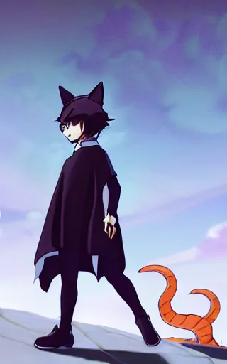 Image similar to little boy with cat ears wearing an black latex suit with cape. digital painting made by makoto shinkai and james jean and kohei horikoshi, inspired western comic, perfect composition, highly sharp details, smooth