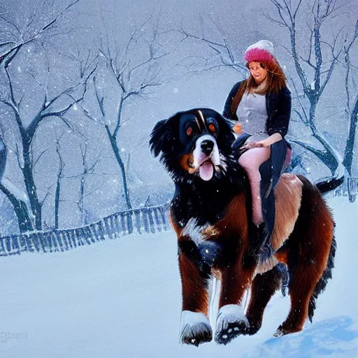 Image similar to girl riding giant Bernese Mountain Dog in the snow, trending on artstation