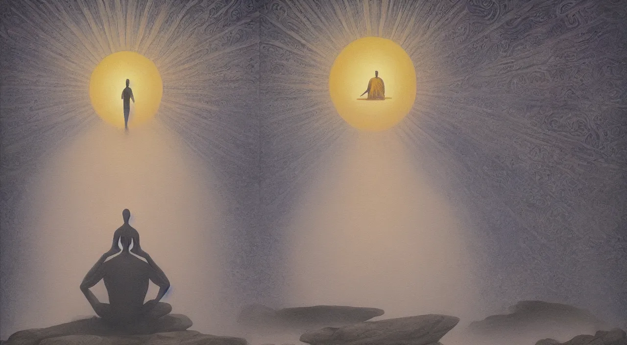 Image similar to alex grey painted style a lonely silhouette of a meditating monk sitting in the fog on a stone protruding from the water in the rays of the morning sun