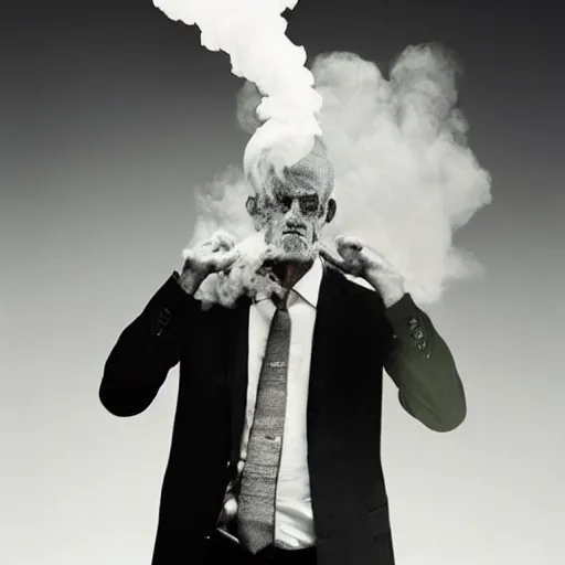 Image similar to annie liebowitz photo of a man who's head is turning into a puff of smoke