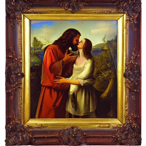 Prompt: 1 8 th oil panting of a jesus kissing with maria maddalena