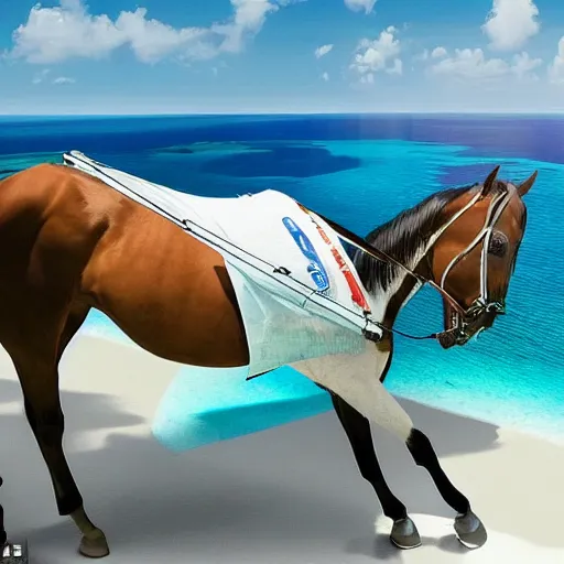 Prompt: a horse got on top of the roof of a plane, and flies it to the maldives, the islands, style of photorealism,