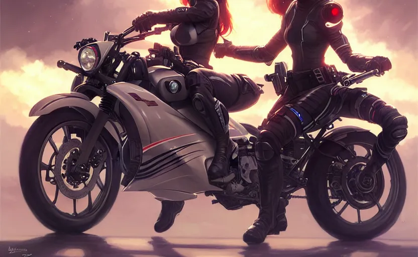 Image similar to Police female riding yamaha motorcycle, sci-fi, highly detailed, digital painting, artstation, concept art, smooth, sharp focus, illustration, art by artgerm and greg rutkowski and alphonse mucha