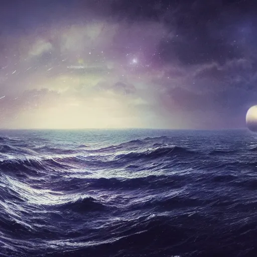 Prompt: sky full of stars lost in the middle of the sea, loneliness, great space, greg rutkowski, 4 k, high resolution