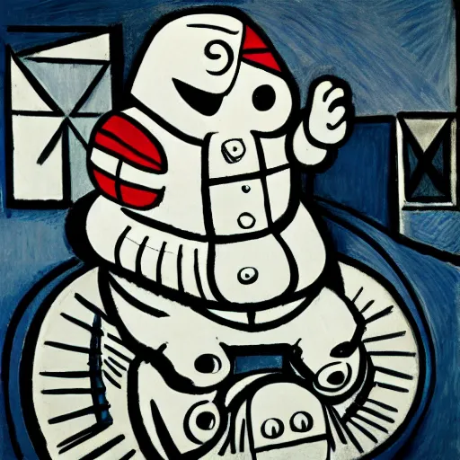 Prompt: portrait of a giant shouting stay puft marshmallow man rendered by pablo picasso, intricate detail, low angle,