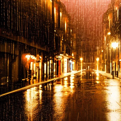 Prompt: a city street at night, raining, photograph