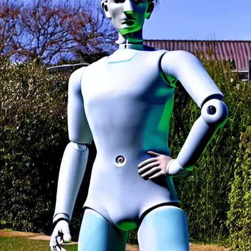 Image similar to a realistic detailed photo of a guy who is an attractive humanoid who is half robot and half humanoid, who is a male android, soccer player martin ødegaard, shiny skin, posing like a statue, blank stare, by the pool, on display, showing off his muscles, humanoid robot, frozen ice statue